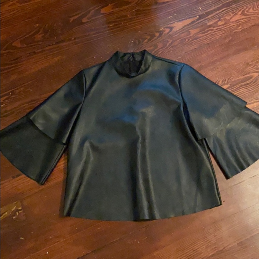 VEGAN LEATHER BLACK STRUCTURED MOCK NECK TOP